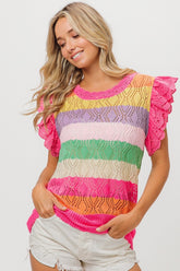 BiBi Women's Pointelle Stripe Ruffled Knit Top - Elegant & Breathable